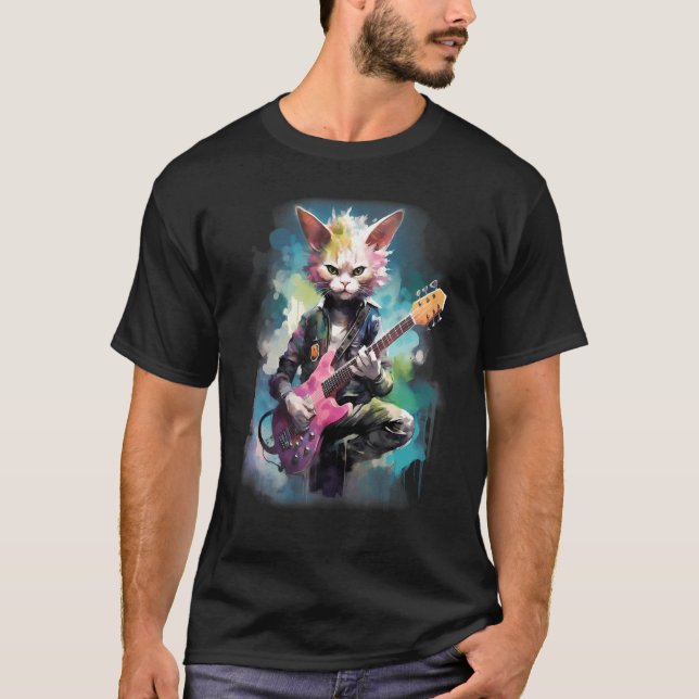 Camiseta Rock Guitar Devon Rex Cat Guitarist (Frente)