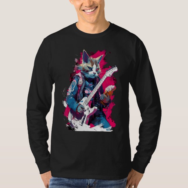 Camiseta Rock Guitar Snowshoe Cat Guitarist (Frente)