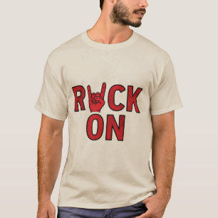 Camiseta Rock On - Design de Música com Tipografia Vermelha