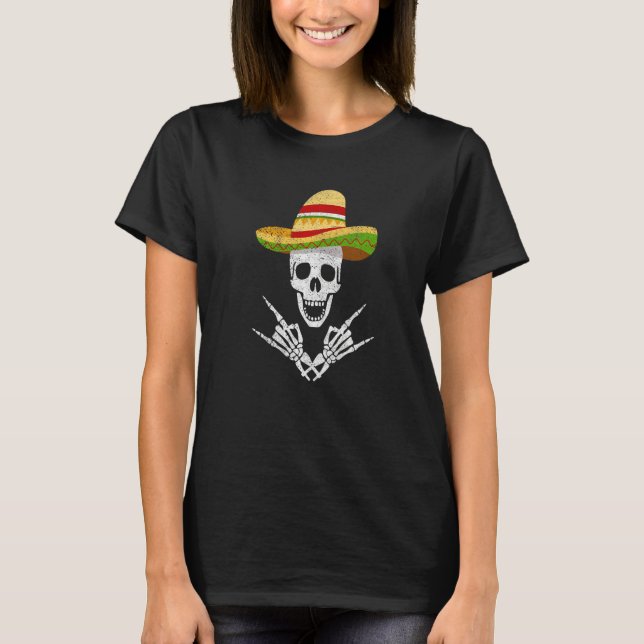 Camiseta Rock On Mexican Skeleton Sombrero Dia De Los Muert (Frente)