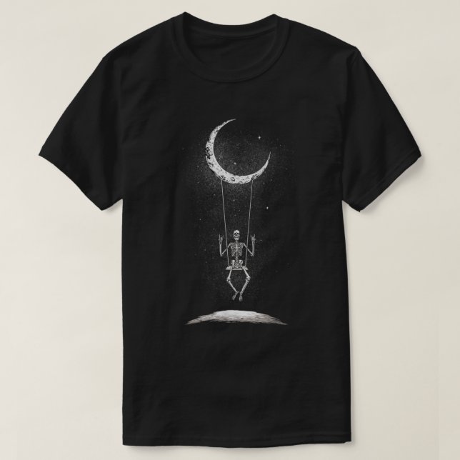 Camiseta Rock On Skeleton Swinging From A Moon Concert Band (Frente do Design)