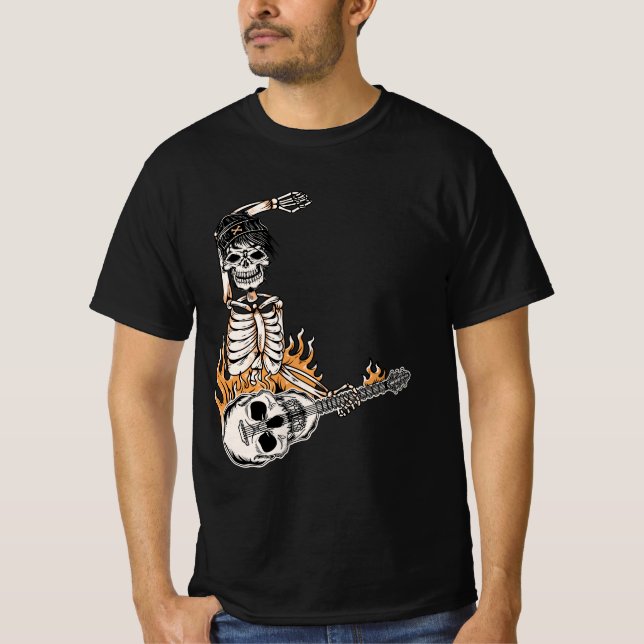 Camiseta Rock On Skeleton Tocando Roupa De Violão (Frente)