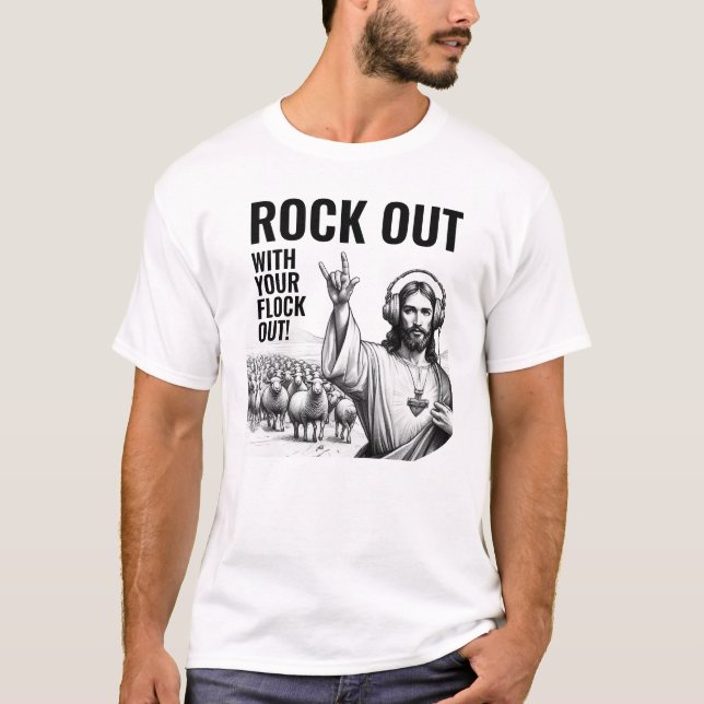 Camiseta Rock Out com seu Flock Out! - Piada de Jesus Engra (Frente)
