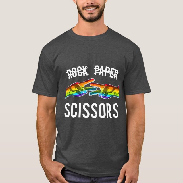 Camiseta Rock Paper Tesoura Orgulho Lésbico Arco-Íris LGB (Frente)