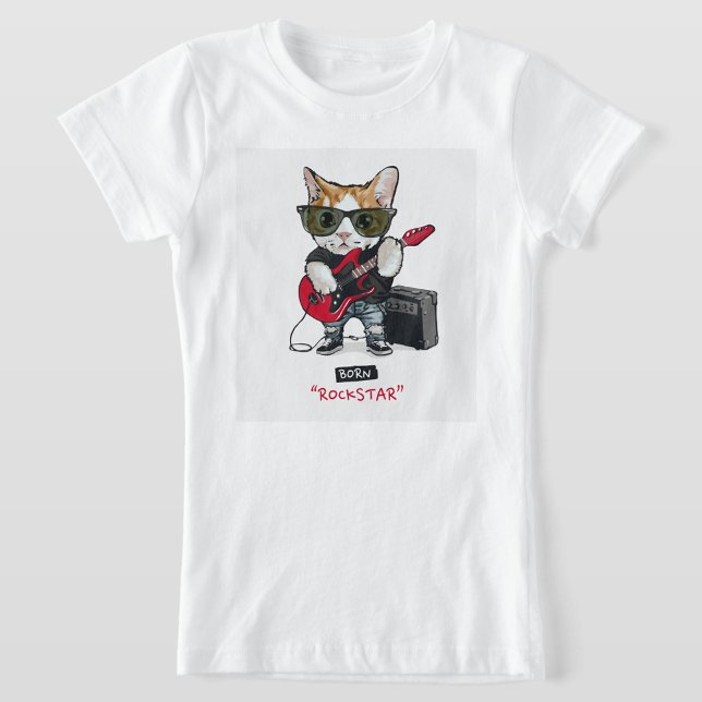 Camiseta Rock Star Cat T Shirt (A white t-shirt with a square design in the center, featuring a cat dressed as a rockstar.)