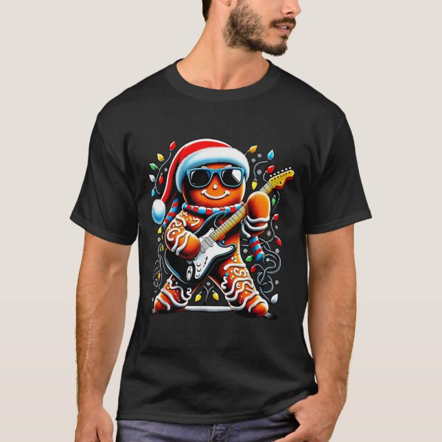Camiseta Rock Star Gingerbread Christmas Guitar Lights Men  (Frente)