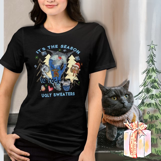Camiseta Rock Ugl Sweater Engraçado Gato e Rato Negro (Rock Ugly Sweater Funny Cat & Mouse Black)