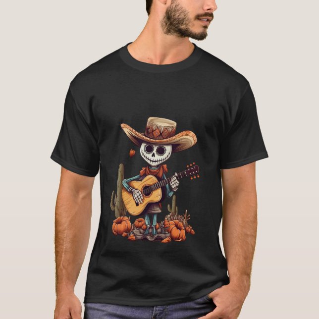 Camiseta Rocker du Désert :Squelette, Guitare & Citrouilles (Frente)