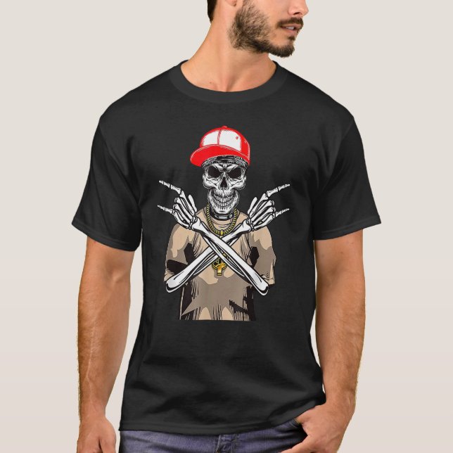 Camiseta Rocker Skeleton Hand Rock Em Figurume Halloween (Frente)