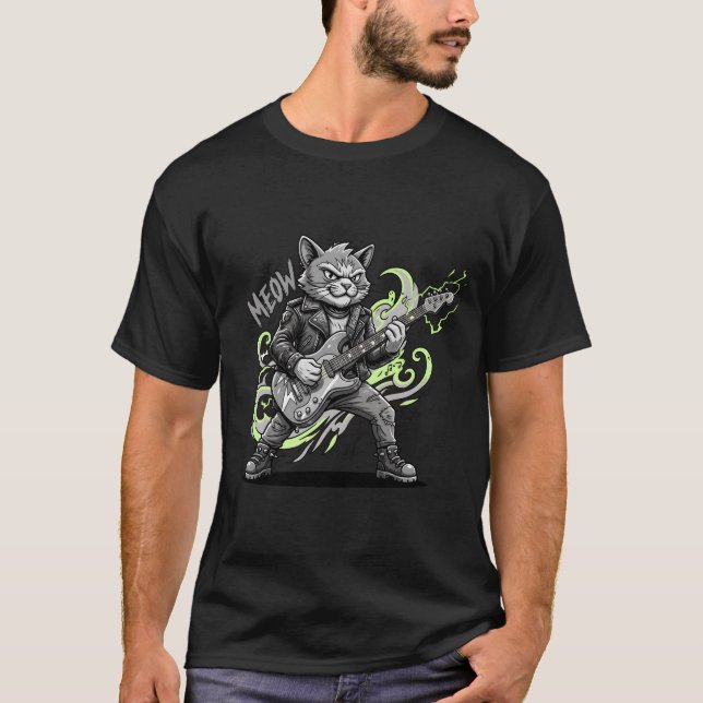 Camiseta Rockin black cat tshirt_cute cat band shirt gift (Frente)
