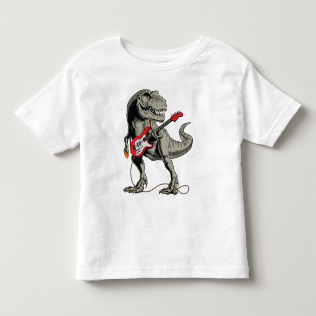 Camiseta Rockin' T-Rex: Dinossauro Tocando Guitarra Elétric (Frente)