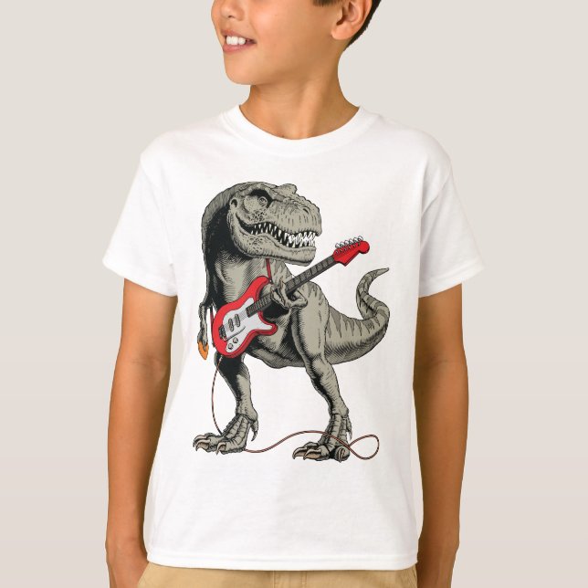 Camiseta Rockin' T-Rex: Dinossauro Tocando Violão Elétrico (Frente)