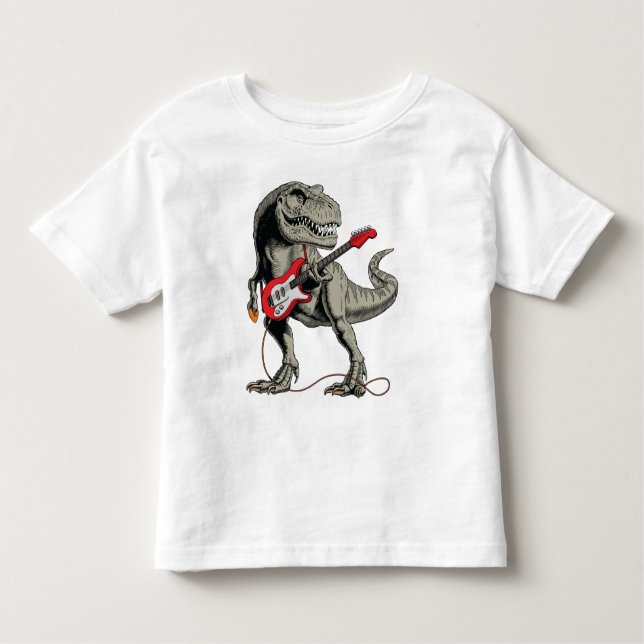 Camiseta Rockin' T-Rex: Dinossauro Tocando Violão Elétrico (Frente)