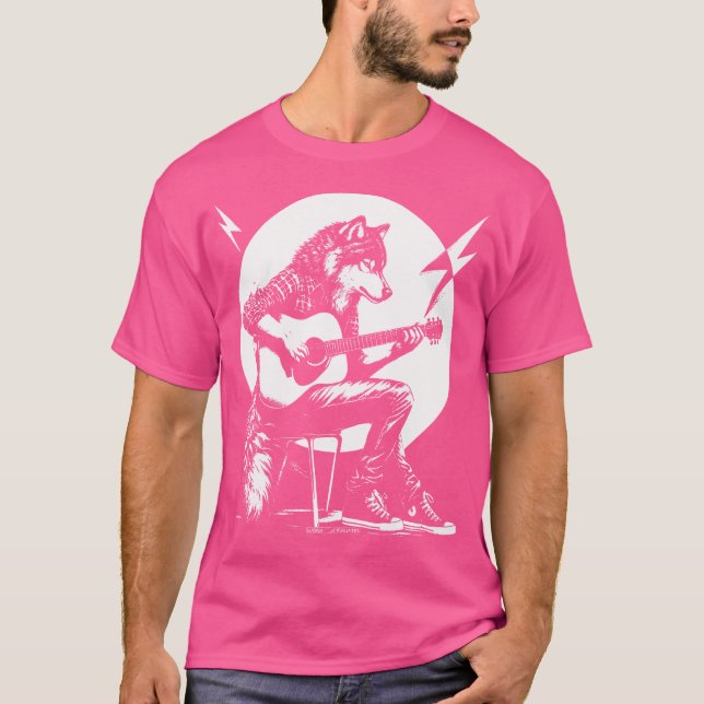 Camiseta Rockin Wolf Tocando Violão Acústico (Frente)
