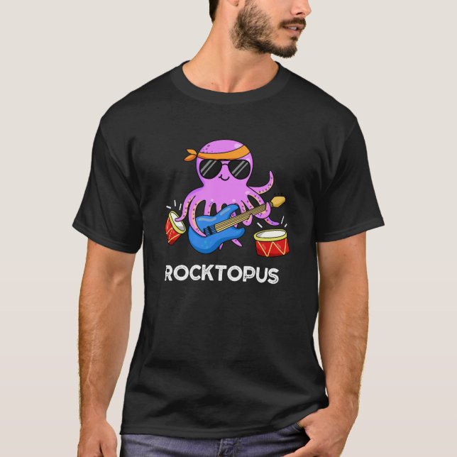 Camiseta Rocktopus Funny Rock Banda Octopus Pun Dark BG (Frente)