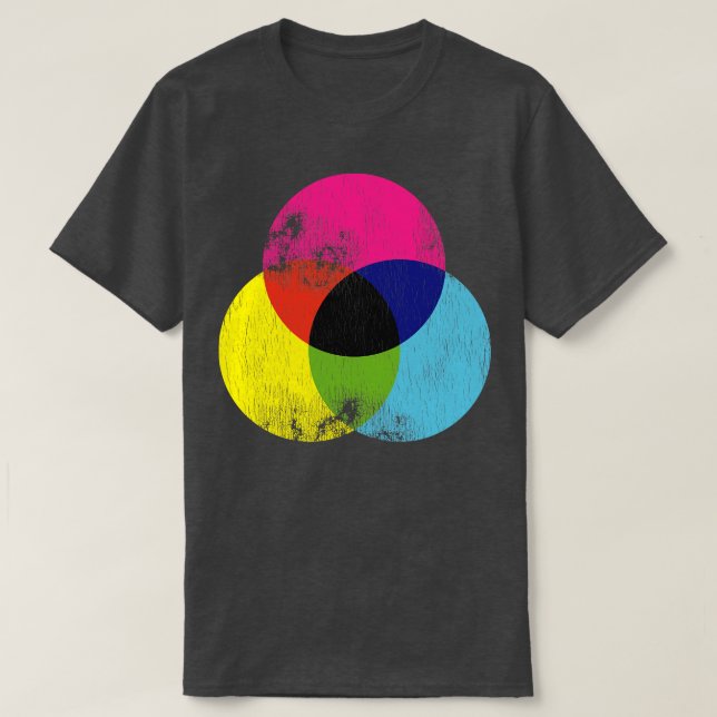 Camiseta Roda de Cores de Artista Gráfico CMYK Distressed (Frente do Design)