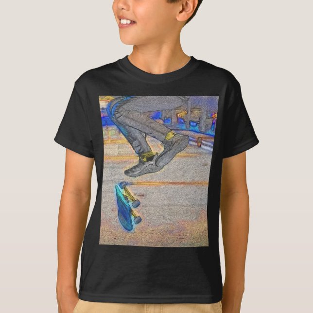 Camiseta Rodando o pavimentos - Truque de Skateboard (Frente)