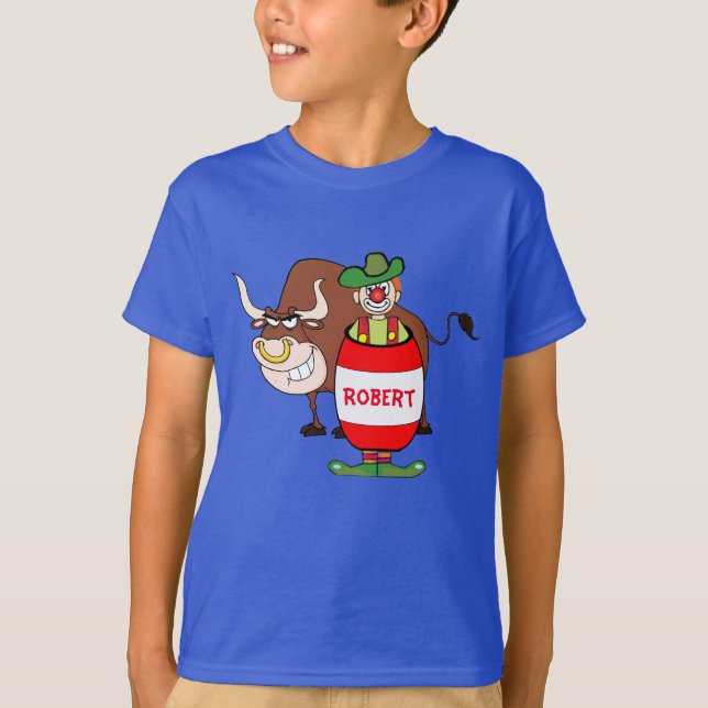 Camiseta Rodeio Palhaço Em Barrel E Touro Cartoon Personali (Frente)