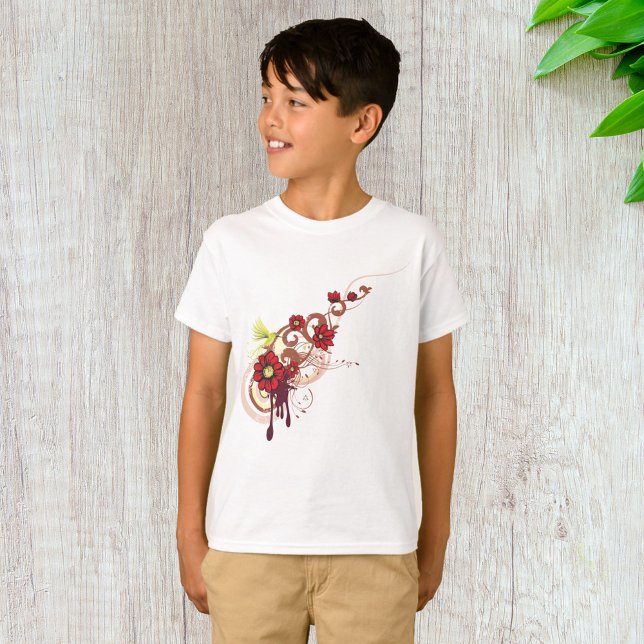 Camiseta Rodovalho Floral com Flores Vermelhas e Hummingbir (Criador carregado)