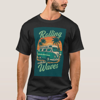 Camiseta Rolando com as ondas - Retro Teal Beach Van Suns