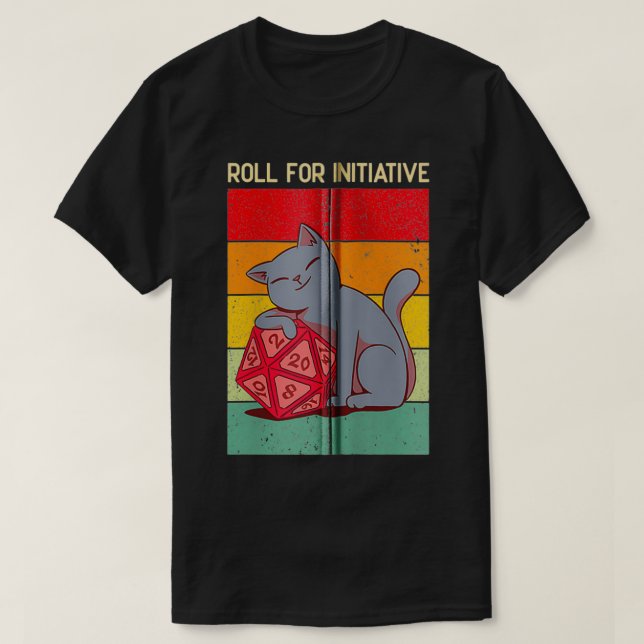 Camiseta Roll for Initiative D20 Dice Cat Dnd Dice Dungeons (Frente do Design)