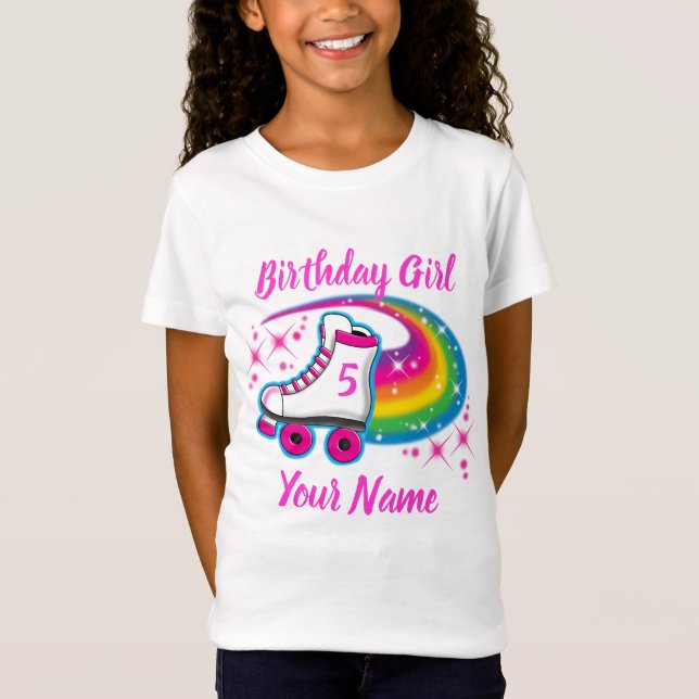Camiseta Roller Skate Rainbow Sparkle Birthday Girl Qualque (Frente)