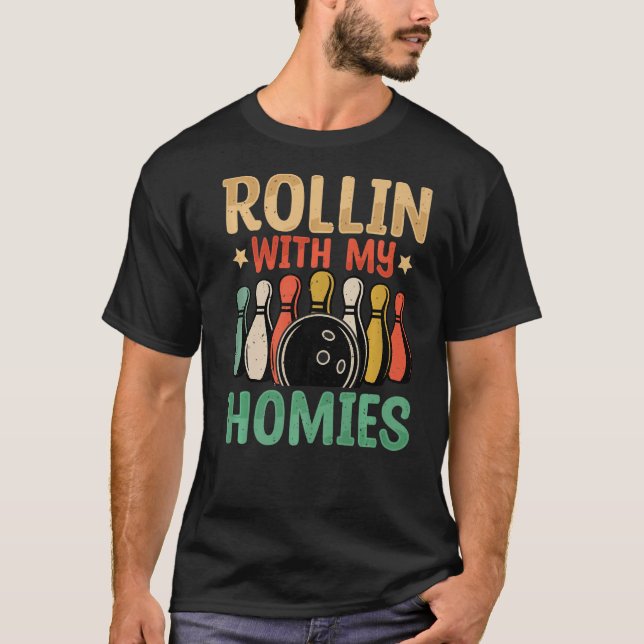 Camiseta Rollin com o Retro da Equipe de Bolas de Boliches (Frente)