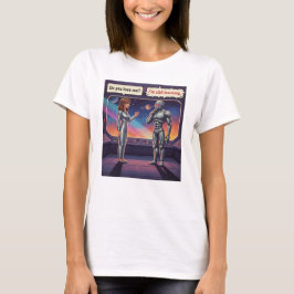 Camiseta Romance de IA Engraçado Feminino Humano e Robô Mas