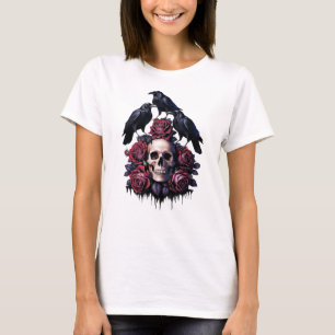 Camiseta Romance Gótico: Onde Crânios, Rosas e Ravens Encer