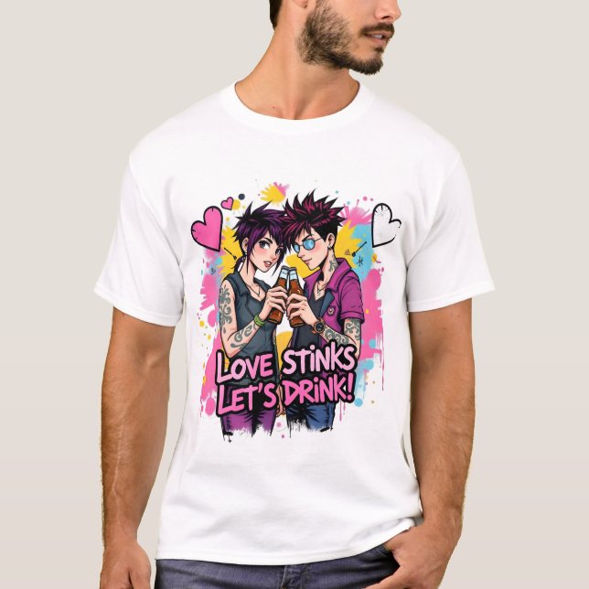 Camiseta Romance rebelde: O amor fede, vamos beber (Frente)