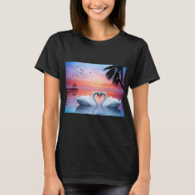 Romantic Heart Swans Tropical Sunset Paradise