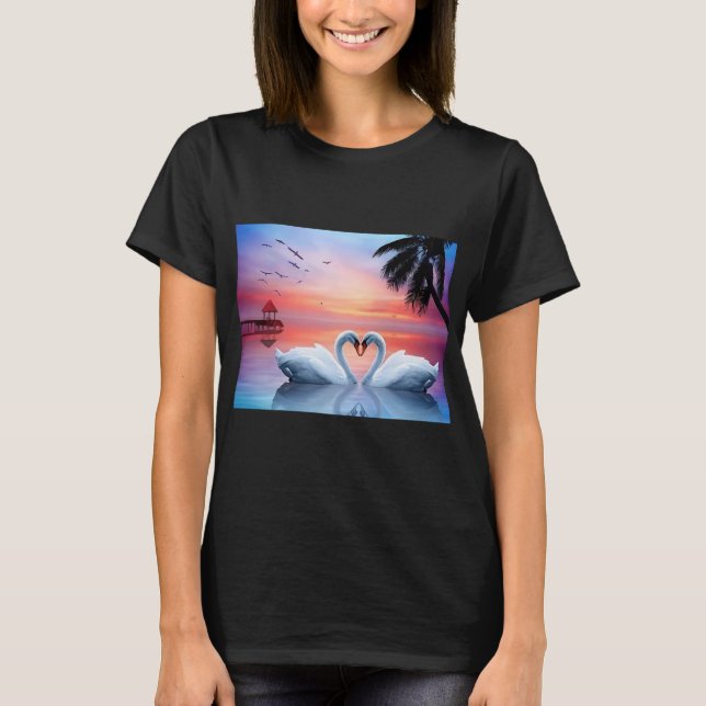 Camiseta Romantic Heart Swans Tropical Sunset Paradise (Frente)