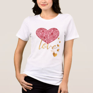 Camiseta Romântico Dourado ama você e o Coração Rosa