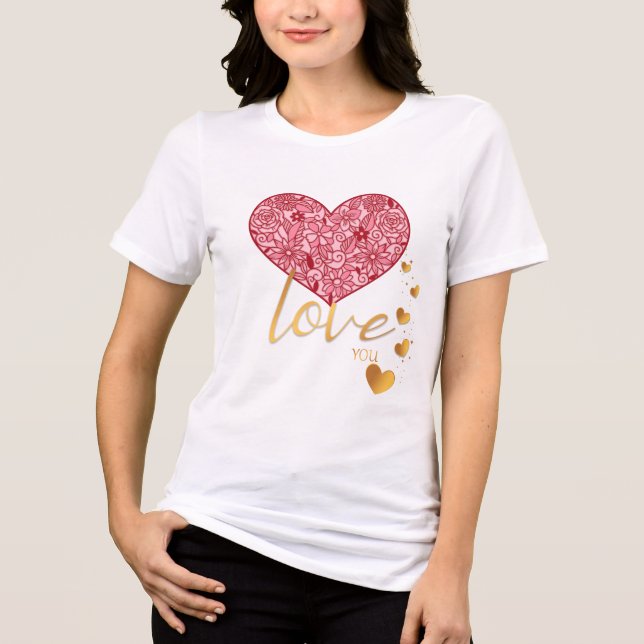 Camiseta Romântico Dourado ama você e o Coração Rosa (Frente)
