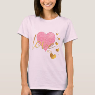 Camiseta Romântico Dourado ama você e o Coração Rosa