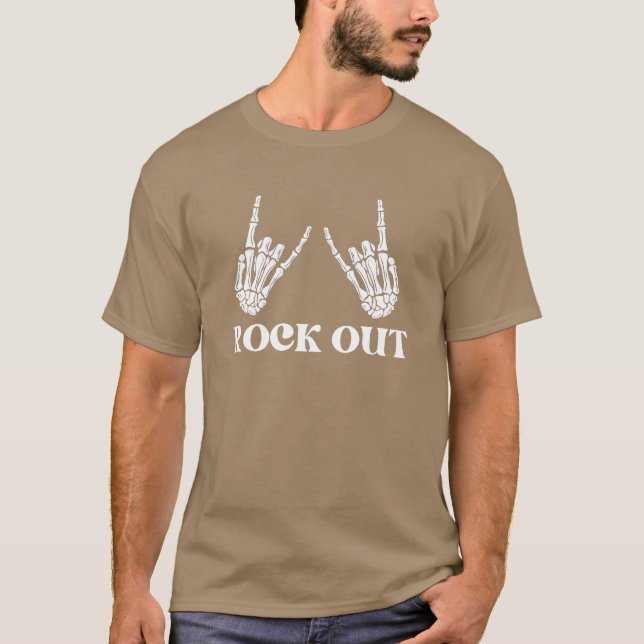 Camiseta roque e rolar esqueleto mão sinal de paz vi (Frente)