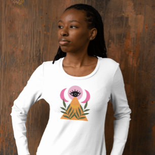 Camiseta rosa amarela moderna olho lua boho retrô