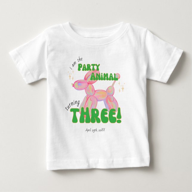 Camiseta Rosa Balão de Animal de Festa Sou o 3º Aniversário (Frente)