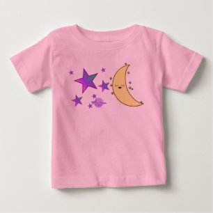 Camiseta Rosa com Babado e Rosto da Lua & Estrelas