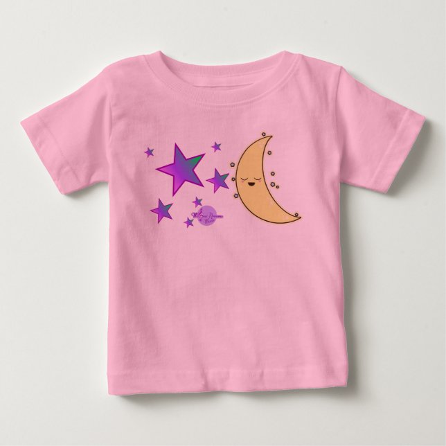 Camiseta Rosa com Babado e Rosto da Lua & Estrelas (Frente)