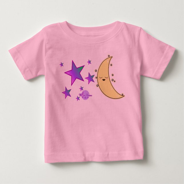 Camiseta Rosa com Babado Lua e Estrelas para Crian (Frente)