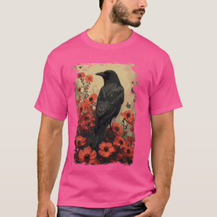 Camiseta Rosa de Corvo Gótico Enfeitiçada, Corvo Floral Vin