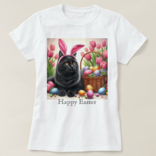 Camiseta Rosa de Páscoa Feliz com Gato Preto Coelh