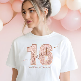 Camiseta Rosa Dourado Brilho Letra Doce 16 Aniversário