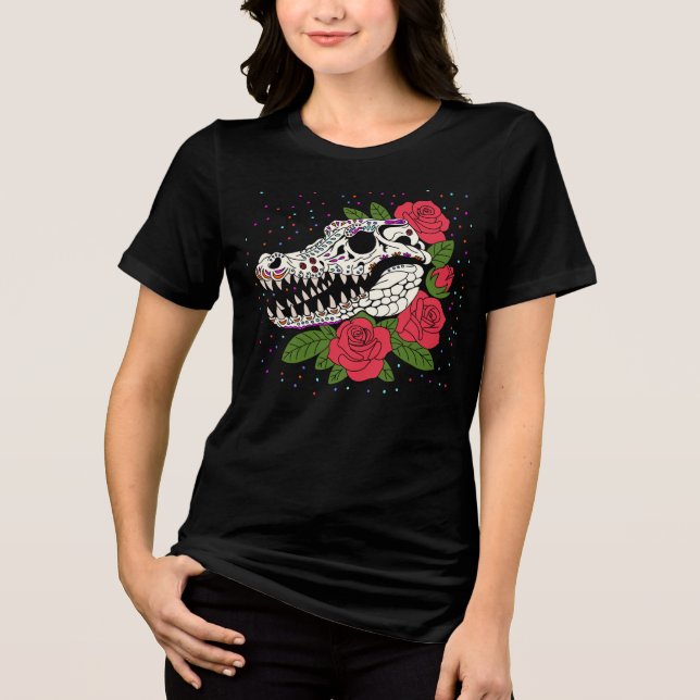 Camiseta Rosa e crânio crocodilo de June (Frente)