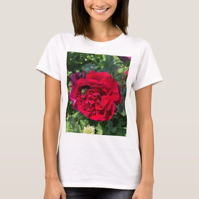 Camiseta Rosa e inseto do jardim vermelho (Frente)