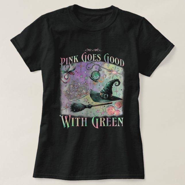 Camiseta Rosa Fica Bem Com A Bruxa Verde Do Halloween (Frente do Design)