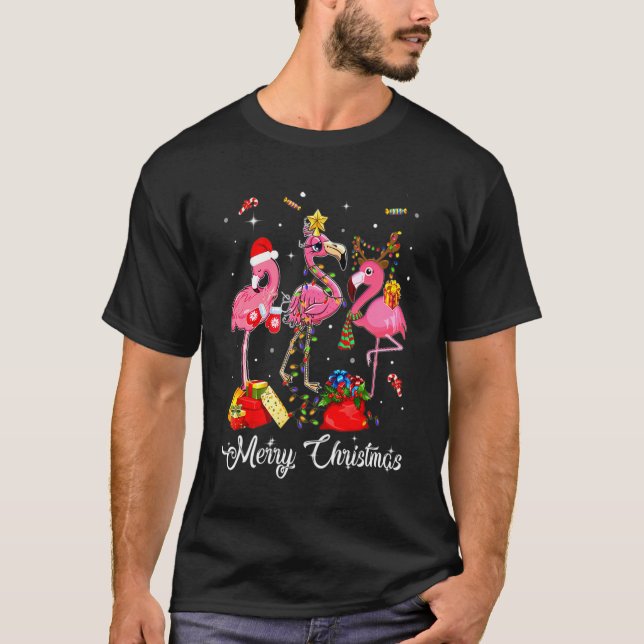 Camiseta Rosa Flamingo Reindeer Santa Hat Feliz engraçada C (Frente)