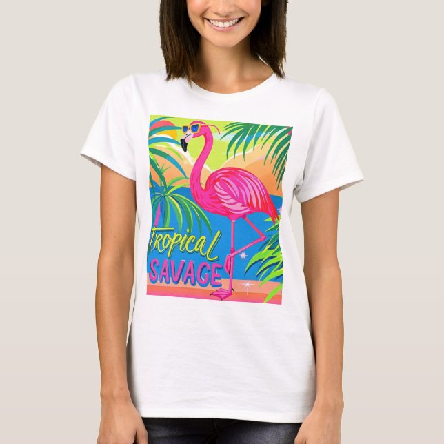 Camiseta Rosa flamingo Tropical de pé numa perna (Frente)