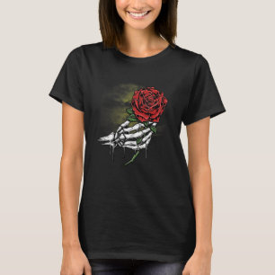 Camiseta Rosa Flor Branco Esqueleto Mão Segurando Uma Rosa 